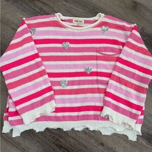Peach Love California Pink & White Striped Heart Sweater